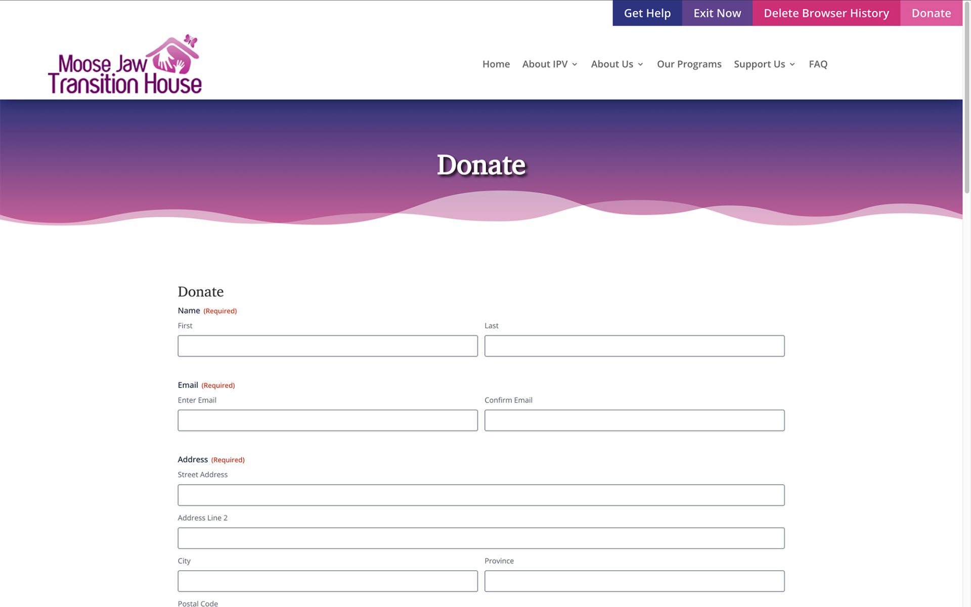 Website Redesign Moose Jaw Transition House Donation Form - eCommerce