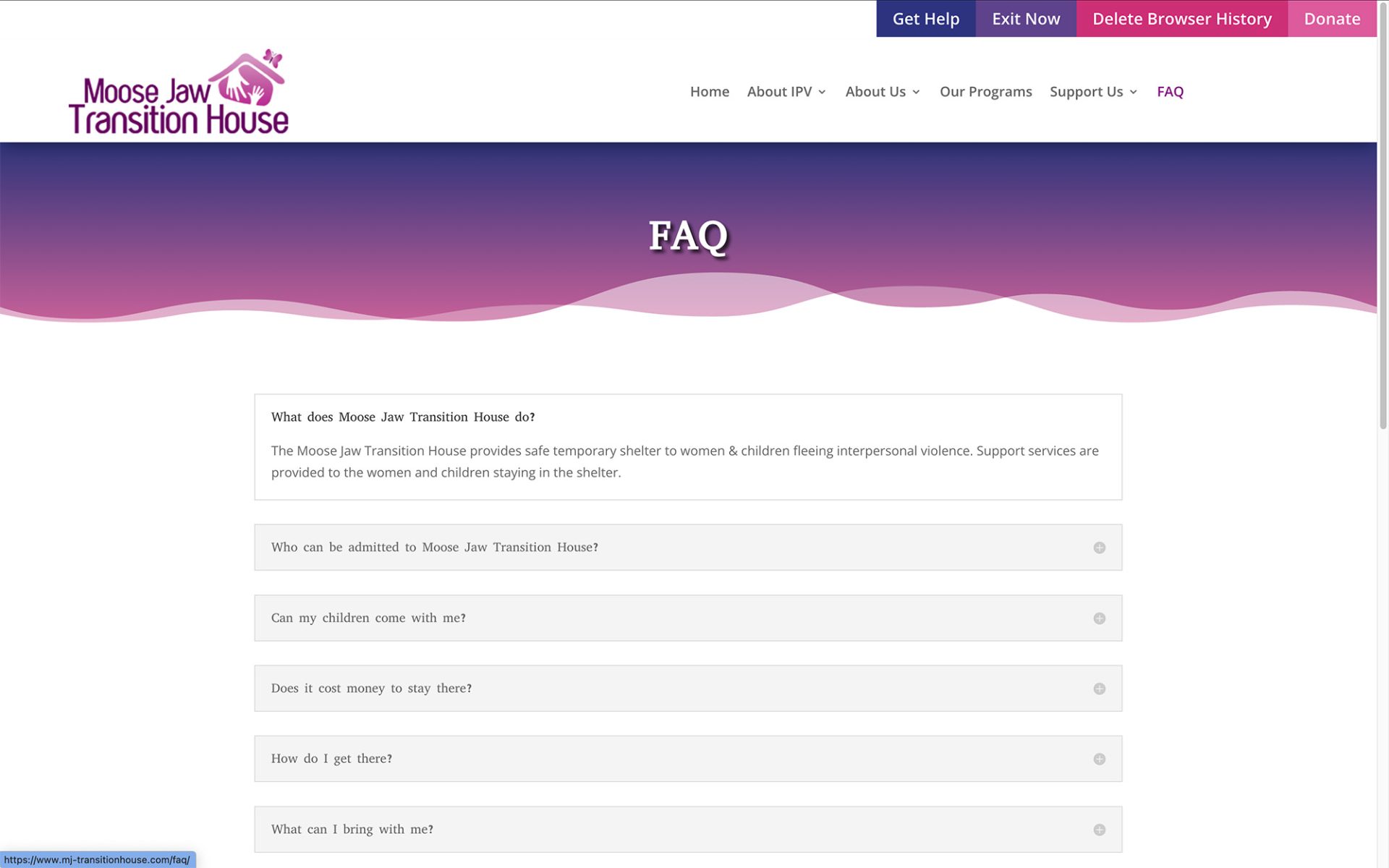 Website Redesign Moose Jaw Transition House FAQ